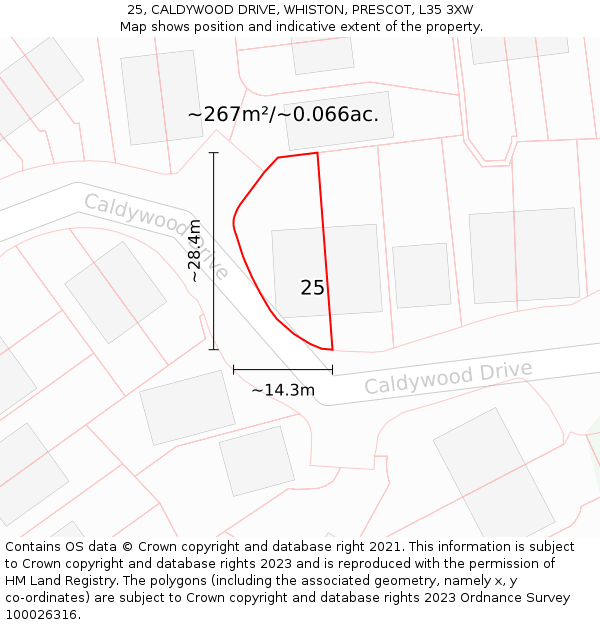 25, CALDYWOOD DRIVE, WHISTON, PRESCOT, L35 3XW: Plot and title map