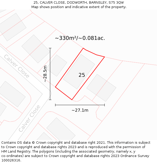 25, CALVER CLOSE, DODWORTH, BARNSLEY, S75 3QW: Plot and title map
