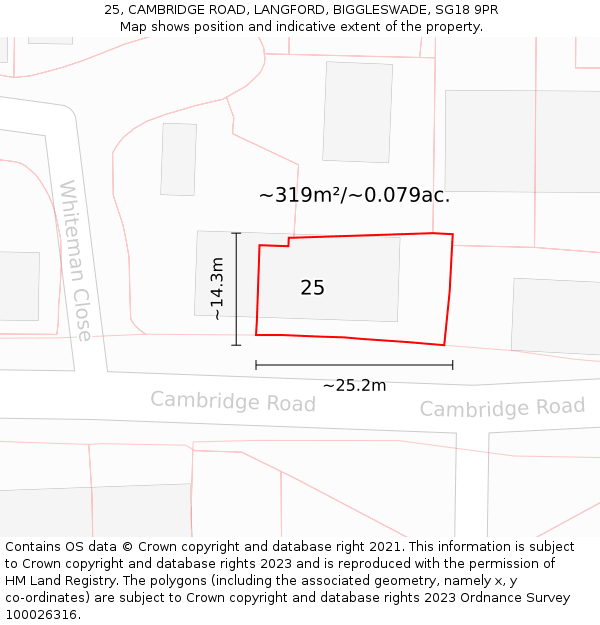 25, CAMBRIDGE ROAD, LANGFORD, BIGGLESWADE, SG18 9PR: Plot and title map