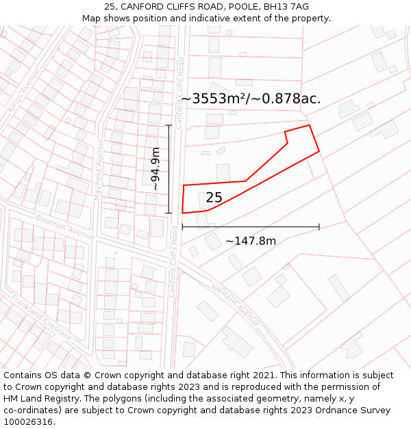 25, CANFORD CLIFFS ROAD, POOLE, BH13 7AG: Plot and title map