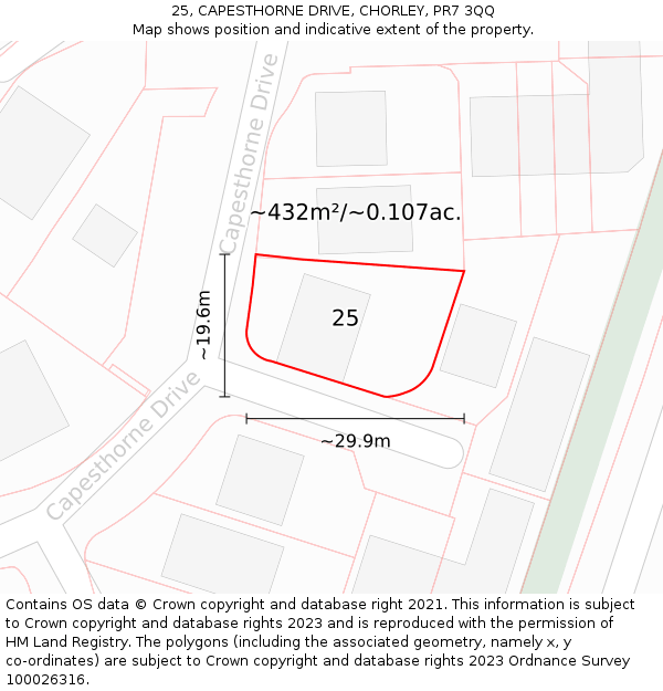 25, CAPESTHORNE DRIVE, CHORLEY, PR7 3QQ: Plot and title map