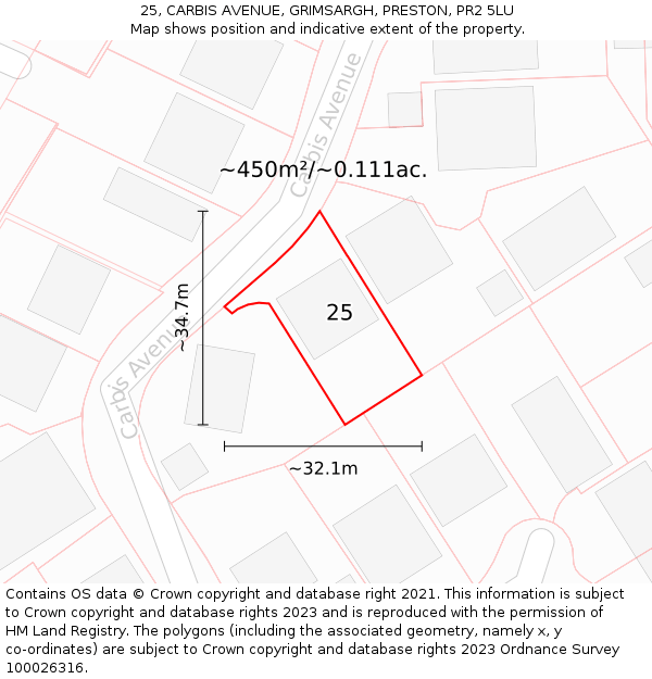 25, CARBIS AVENUE, GRIMSARGH, PRESTON, PR2 5LU: Plot and title map