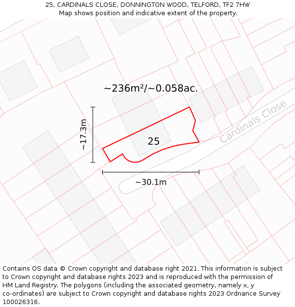 25, CARDINALS CLOSE, DONNINGTON WOOD, TELFORD, TF2 7HW: Plot and title map