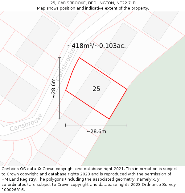 25, CARISBROOKE, BEDLINGTON, NE22 7LB: Plot and title map