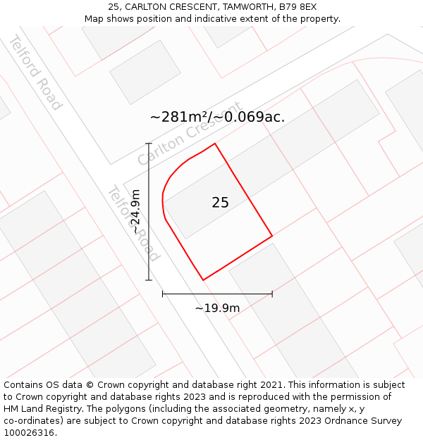 25, CARLTON CRESCENT, TAMWORTH, B79 8EX: Plot and title map