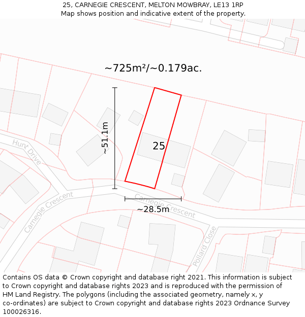 25, CARNEGIE CRESCENT, MELTON MOWBRAY, LE13 1RP: Plot and title map