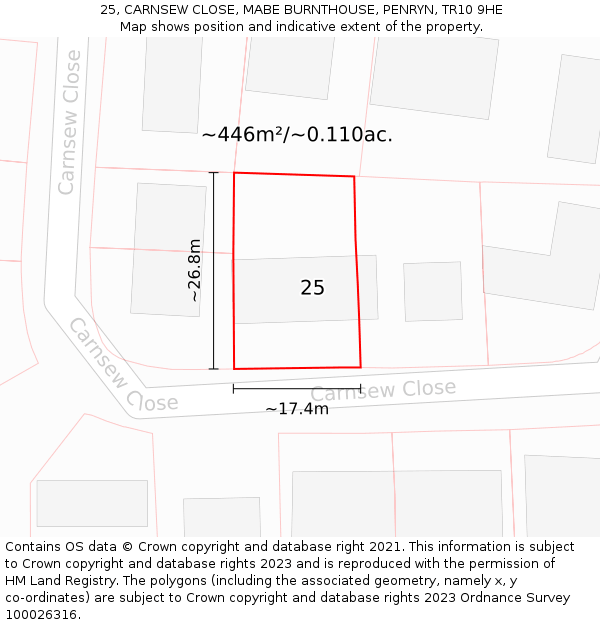 25, CARNSEW CLOSE, MABE BURNTHOUSE, PENRYN, TR10 9HE: Plot and title map