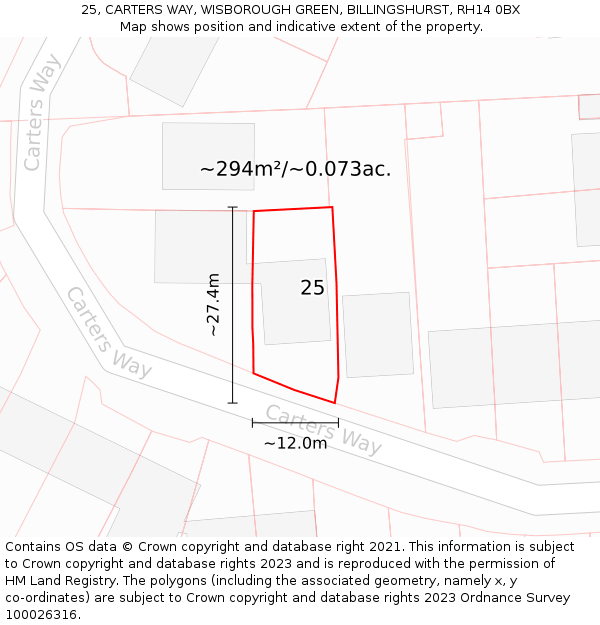 25, CARTERS WAY, WISBOROUGH GREEN, BILLINGSHURST, RH14 0BX: Plot and title map