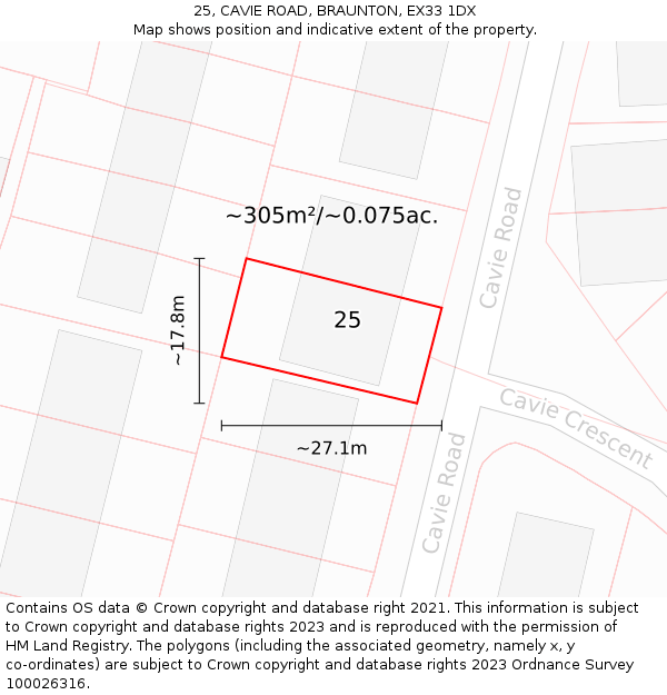 25, CAVIE ROAD, BRAUNTON, EX33 1DX: Plot and title map