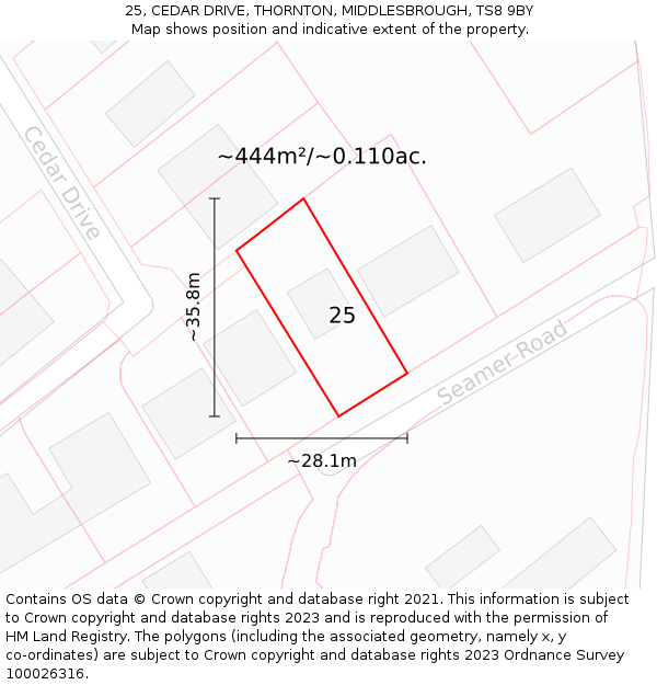 25, CEDAR DRIVE, THORNTON, MIDDLESBROUGH, TS8 9BY: Plot and title map