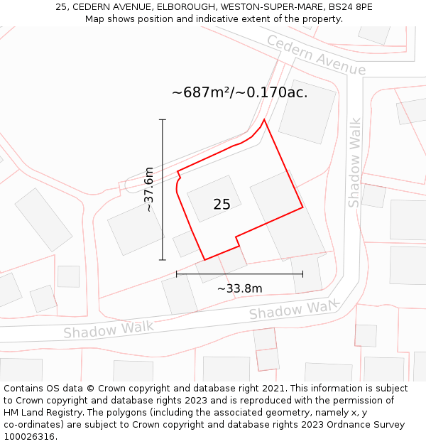 25, CEDERN AVENUE, ELBOROUGH, WESTON-SUPER-MARE, BS24 8PE: Plot and title map