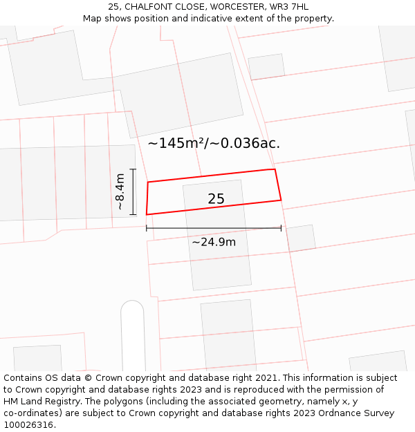 25, CHALFONT CLOSE, WORCESTER, WR3 7HL: Plot and title map