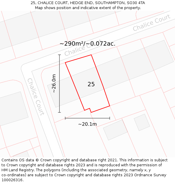 25, CHALICE COURT, HEDGE END, SOUTHAMPTON, SO30 4TA: Plot and title map