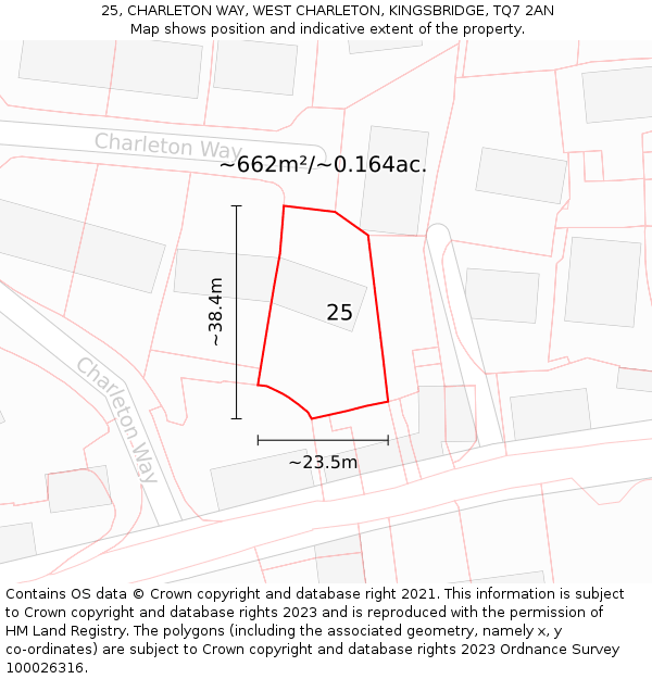 25, CHARLETON WAY, WEST CHARLETON, KINGSBRIDGE, TQ7 2AN: Plot and title map