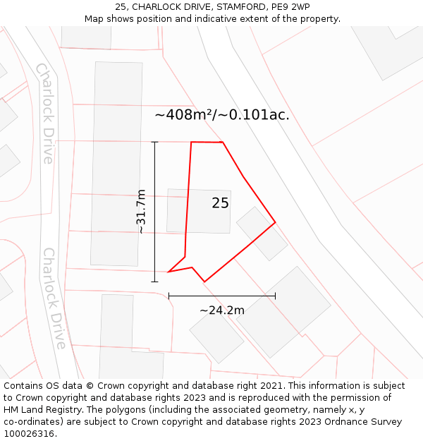 25, CHARLOCK DRIVE, STAMFORD, PE9 2WP: Plot and title map