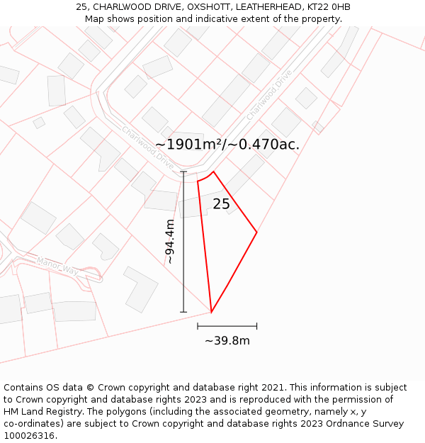 25, CHARLWOOD DRIVE, OXSHOTT, LEATHERHEAD, KT22 0HB: Plot and title map
