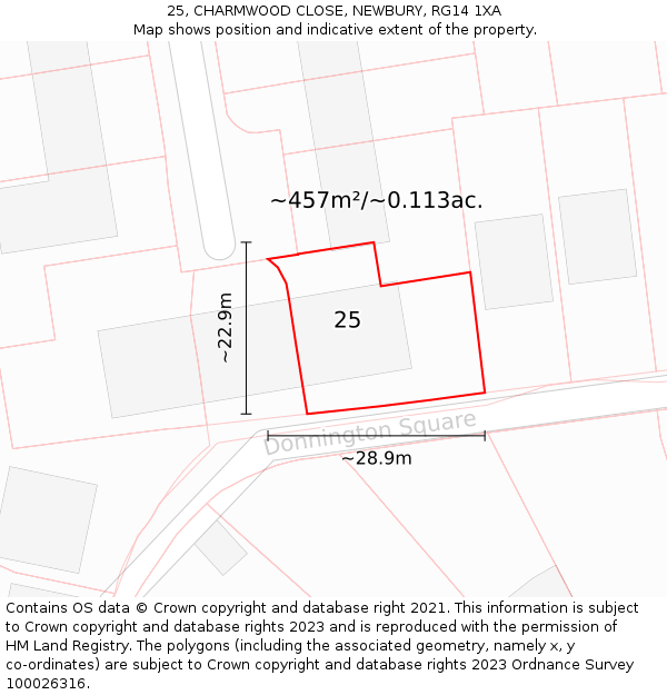 25, CHARMWOOD CLOSE, NEWBURY, RG14 1XA: Plot and title map