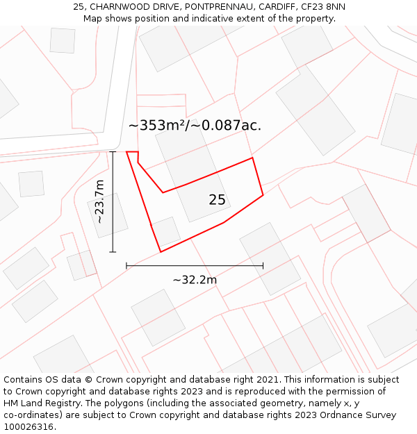 25, CHARNWOOD DRIVE, PONTPRENNAU, CARDIFF, CF23 8NN: Plot and title map