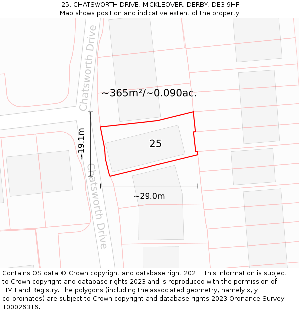 25, CHATSWORTH DRIVE, MICKLEOVER, DERBY, DE3 9HF: Plot and title map