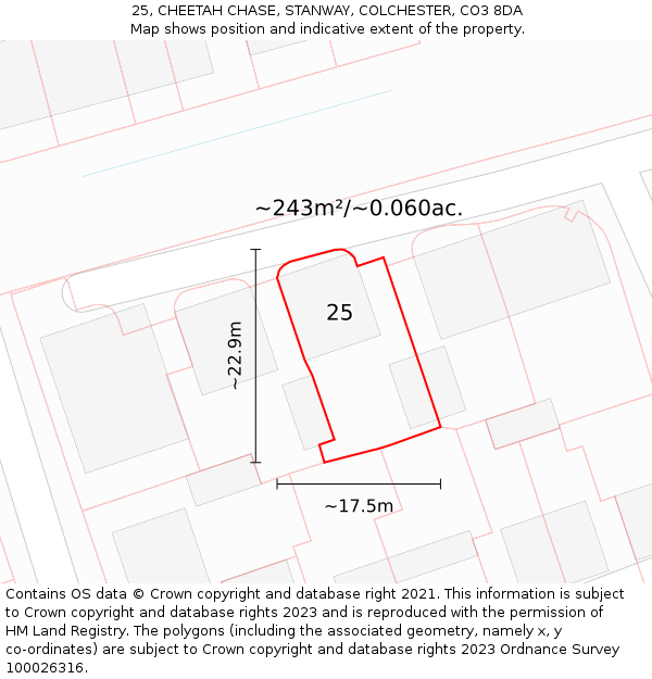 25, CHEETAH CHASE, STANWAY, COLCHESTER, CO3 8DA: Plot and title map