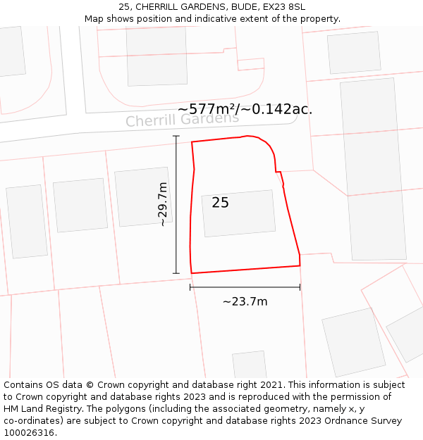 25, CHERRILL GARDENS, BUDE, EX23 8SL: Plot and title map