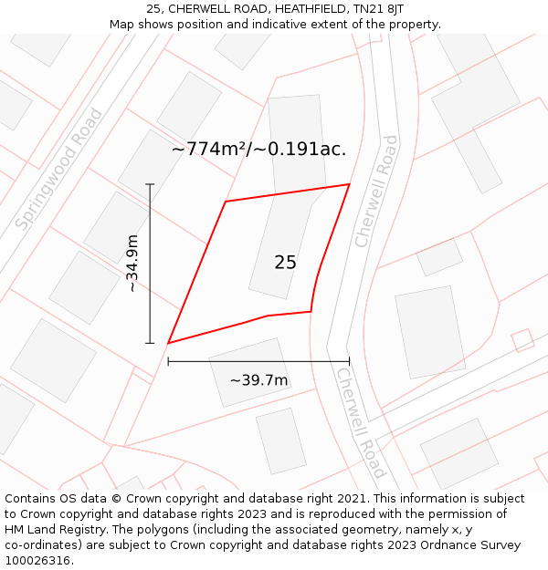 25, CHERWELL ROAD, HEATHFIELD, TN21 8JT: Plot and title map