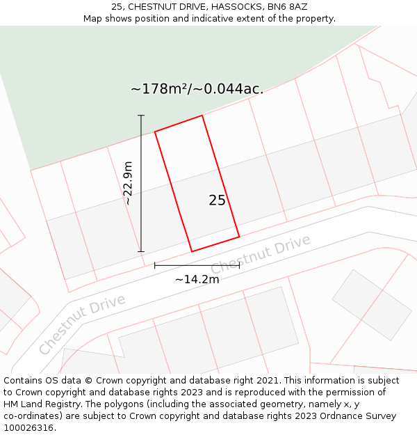 25, CHESTNUT DRIVE, HASSOCKS, BN6 8AZ: Plot and title map