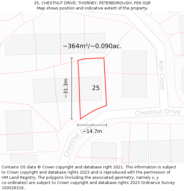 25, CHESTNUT DRIVE, THORNEY, PETERBOROUGH, PE6 0QR: Plot and title map