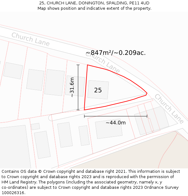 25, CHURCH LANE, DONINGTON, SPALDING, PE11 4UD: Plot and title map