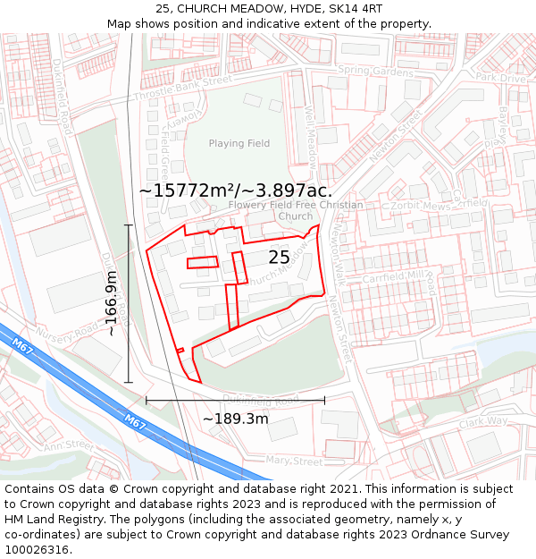 25, CHURCH MEADOW, HYDE, SK14 4RT: Plot and title map