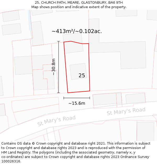 25, CHURCH PATH, MEARE, GLASTONBURY, BA6 9TH: Plot and title map