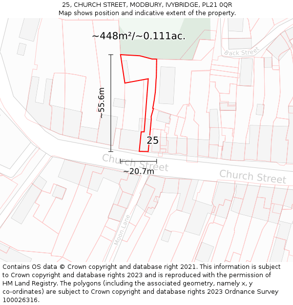 25, CHURCH STREET, MODBURY, IVYBRIDGE, PL21 0QR: Plot and title map