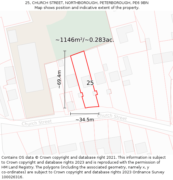 25, CHURCH STREET, NORTHBOROUGH, PETERBOROUGH, PE6 9BN: Plot and title map