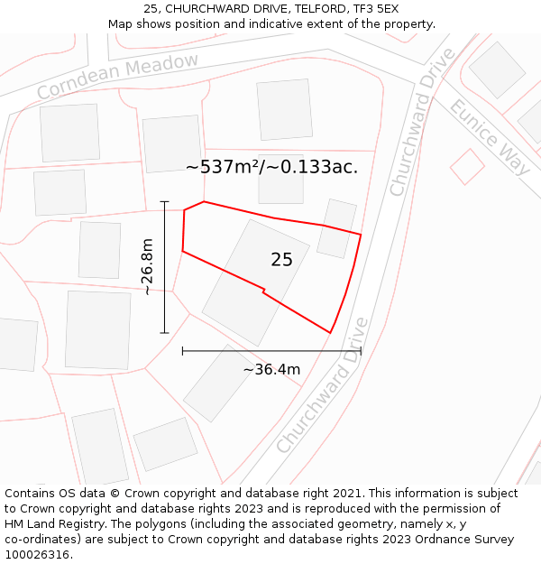 25, CHURCHWARD DRIVE, TELFORD, TF3 5EX: Plot and title map