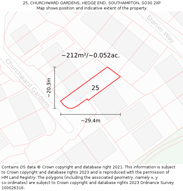 25, CHURCHWARD GARDENS, HEDGE END, SOUTHAMPTON, SO30 2XP: Plot and title map