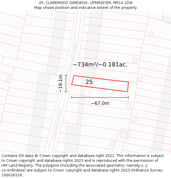 25, CLAREMONT GARDENS, UPMINSTER, RM14 1DW: Plot and title map