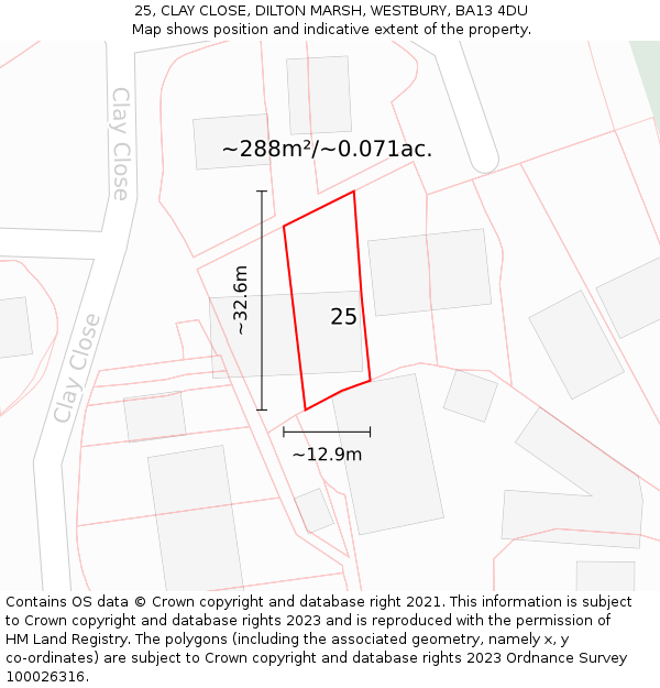 25, CLAY CLOSE, DILTON MARSH, WESTBURY, BA13 4DU: Plot and title map