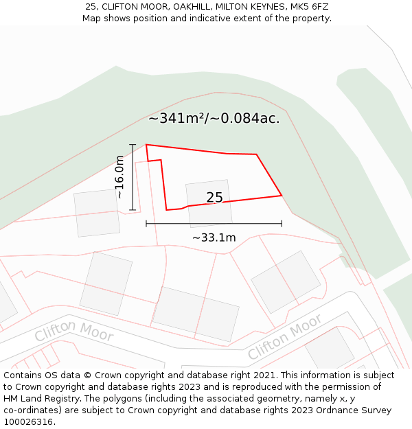 25, CLIFTON MOOR, OAKHILL, MILTON KEYNES, MK5 6FZ: Plot and title map