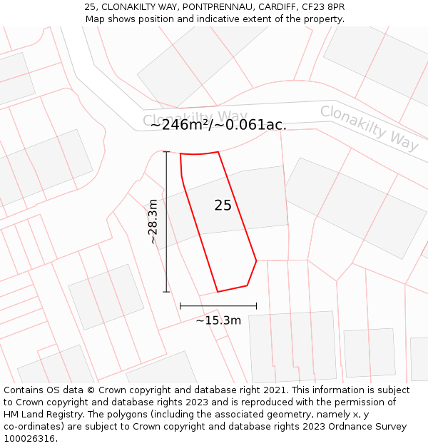 25, CLONAKILTY WAY, PONTPRENNAU, CARDIFF, CF23 8PR: Plot and title map