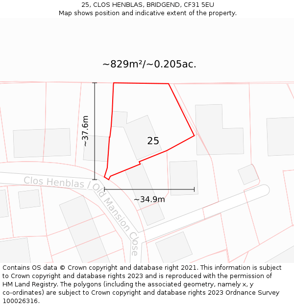 25, CLOS HENBLAS, BRIDGEND, CF31 5EU: Plot and title map