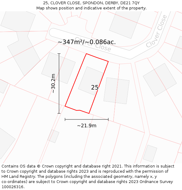 25, CLOVER CLOSE, SPONDON, DERBY, DE21 7QY: Plot and title map