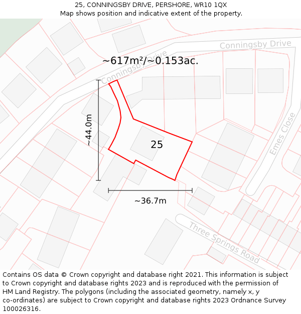 25, CONNINGSBY DRIVE, PERSHORE, WR10 1QX: Plot and title map