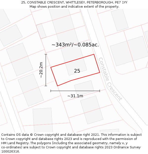 25, CONSTABLE CRESCENT, WHITTLESEY, PETERBOROUGH, PE7 1YY: Plot and title map