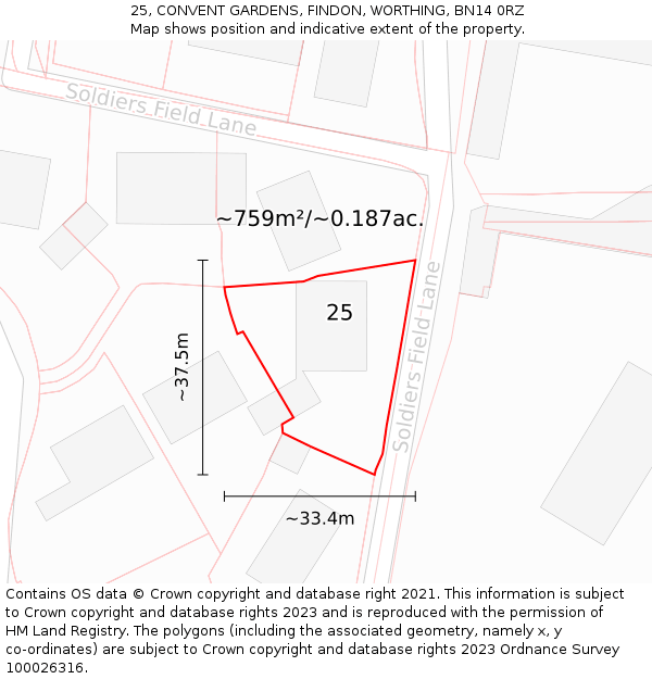 25, CONVENT GARDENS, FINDON, WORTHING, BN14 0RZ: Plot and title map