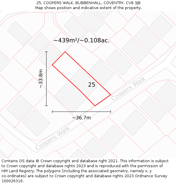 25, COOPERS WALK, BUBBENHALL, COVENTRY, CV8 3JB: Plot and title map