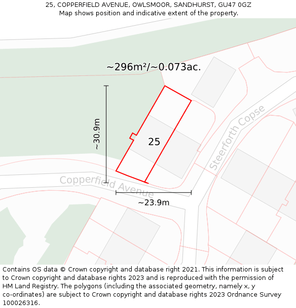 25, COPPERFIELD AVENUE, OWLSMOOR, SANDHURST, GU47 0GZ: Plot and title map