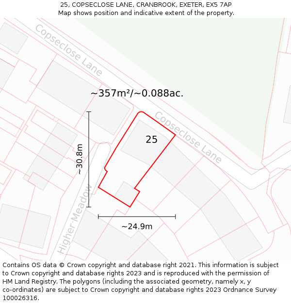 25, COPSECLOSE LANE, CRANBROOK, EXETER, EX5 7AP: Plot and title map