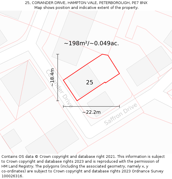 25, CORIANDER DRIVE, HAMPTON VALE, PETERBOROUGH, PE7 8NX: Plot and title map