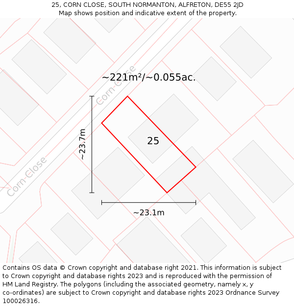 25, CORN CLOSE, SOUTH NORMANTON, ALFRETON, DE55 2JD: Plot and title map