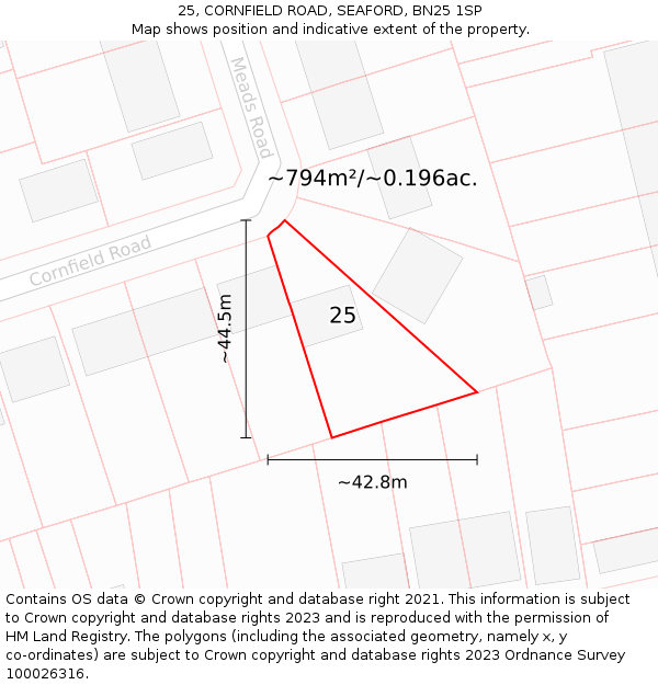 25, CORNFIELD ROAD, SEAFORD, BN25 1SP: Plot and title map